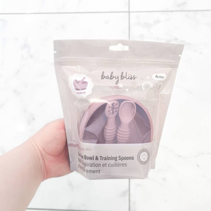 Suction Bowl & Training Spoons - Dusty Pink for wholesale by Baby Bliss