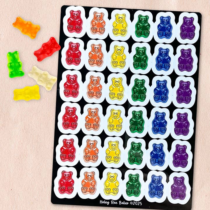 Rainbow Gummy Bears Vinyl Sticker Sheet for wholesale by Surprise Inside Art