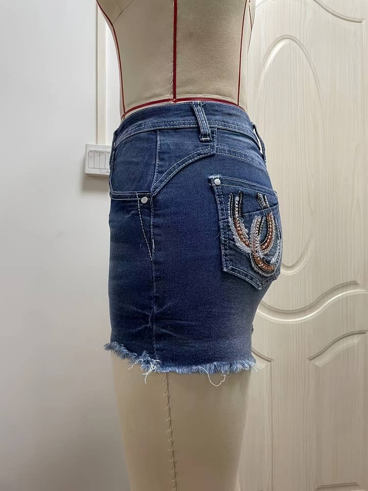 DarkBlue Horseshoe embroidered denim shorts for wholesale on Faire1