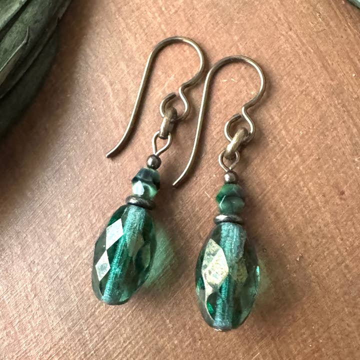 Emerald Green Dangle Earrings, Czech Glass Beads, Niobium for wholesale by Vintage Earth
