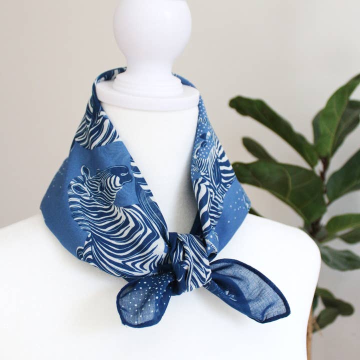 Zebra, "New Beginning" Bandana Scarf (Blue) for wholesale by sol&mar art co.