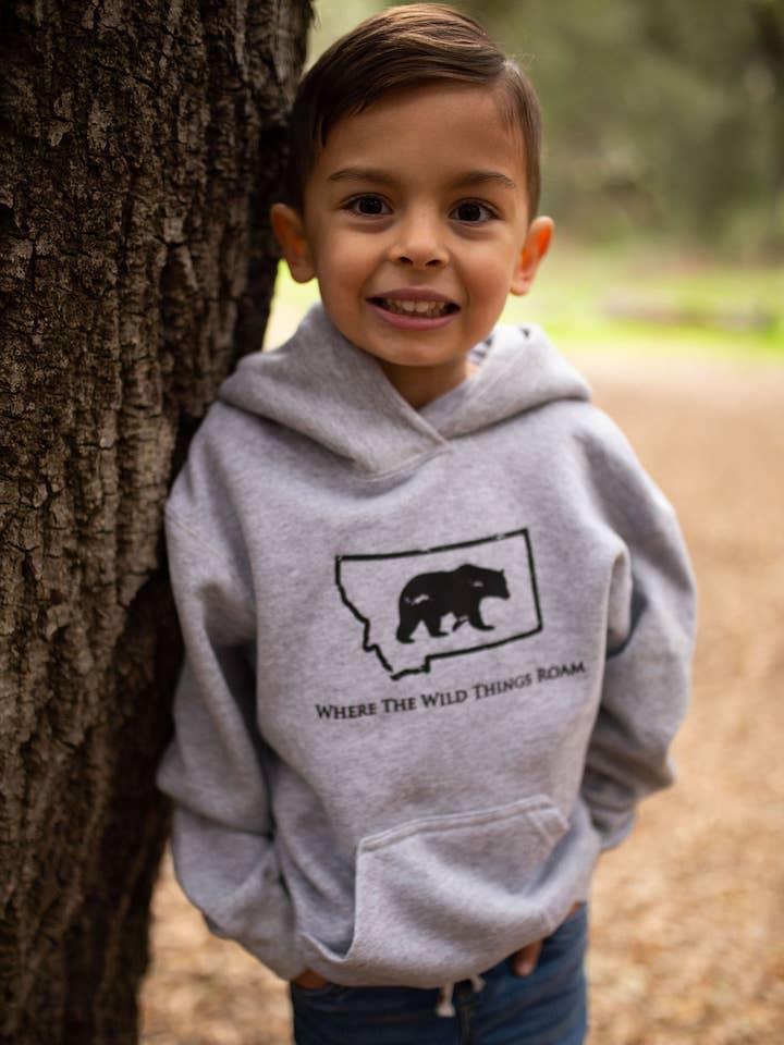 Moletom infantil cinza mesclado com urso selvagem preto por atacado de Montana Tees