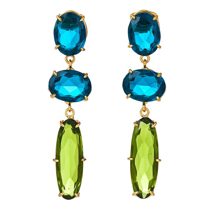 Blue Topaz & Peridot Quartz Prong Set Statement Earrings for wholesale by Elyssa Bass Designs