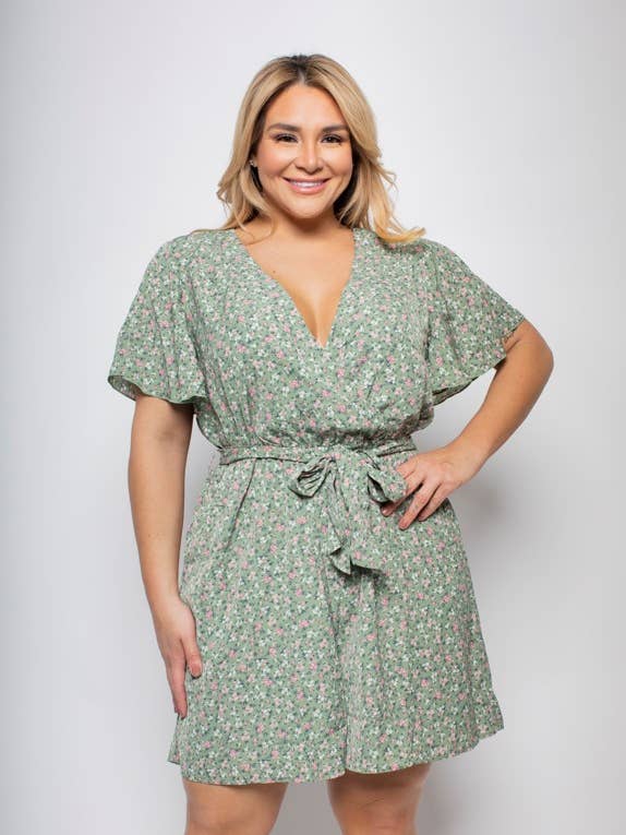 SAGE PLUS SIZE FLORAL SURPLICE ROMPER for wholesale on Faire0