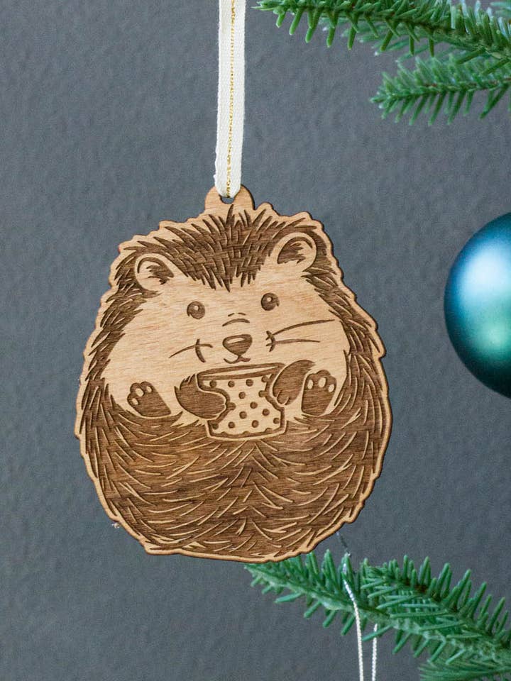 Hot Chocolate Hedgehog Wood Ornament for wholesale by Hereafter