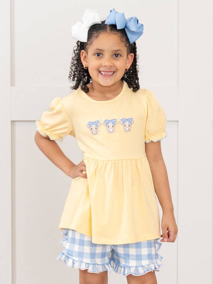 Marie Nicole Clothing - Wholesale Top & Short Set - Kids - Embroidered Cows Gingham Ruffle Outfit