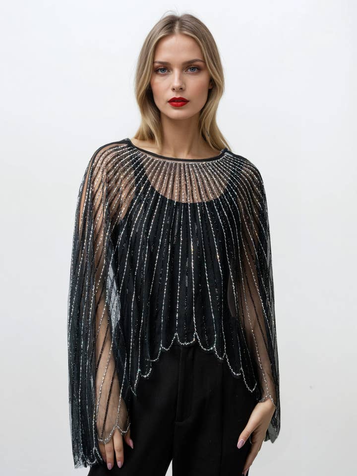 Sheer Embellished Cape Overlay for wholesale by KATE HEWKO