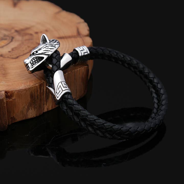 Viking Style Wolf Head Braided Leather Bracelet for wholesale by Gemcohub