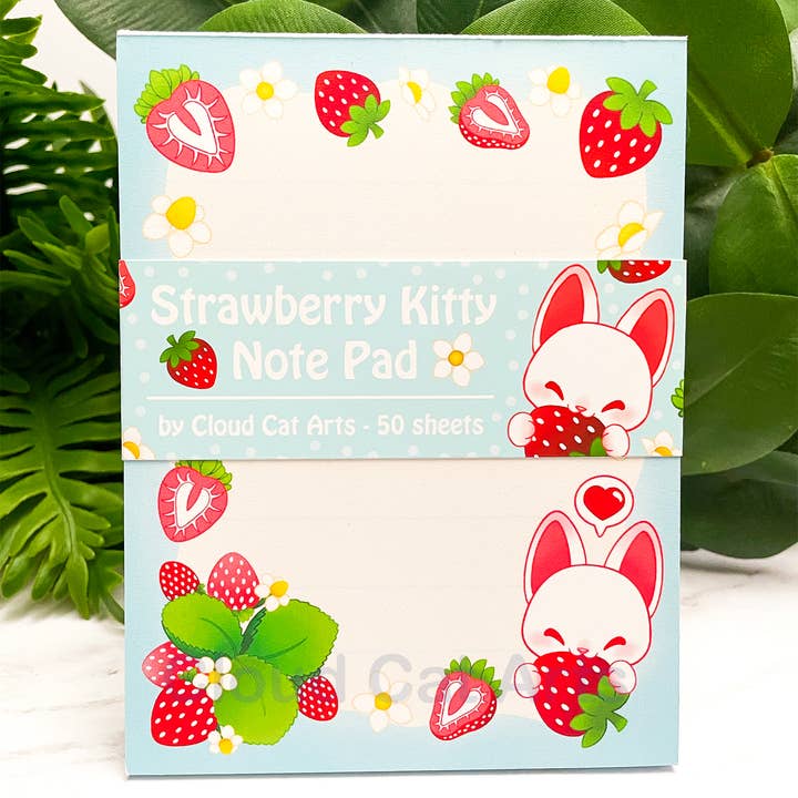 Strawberry Kitty - Fruit Cat - Lined Notepad for wholesale by Cloud Cat Arts