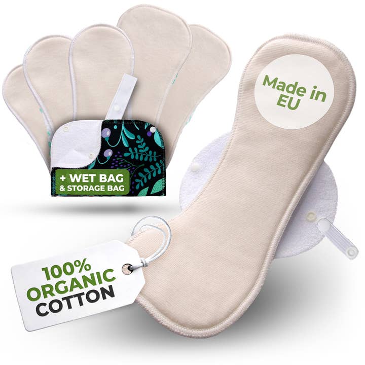 natissy - Wholesale Period underwear – Women’s - Organic Cotton Reusable Menstrual Pads with Wings 6-Pack (Sizes L & XL) - Natural Unbleached (white wings)