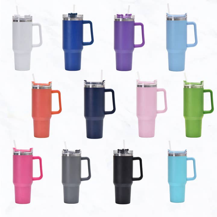 Suzie Q USA – wholesale Insulated mug/tumbler – 40 oz, Stainless Steel Tumbler with Handle, Straws Include