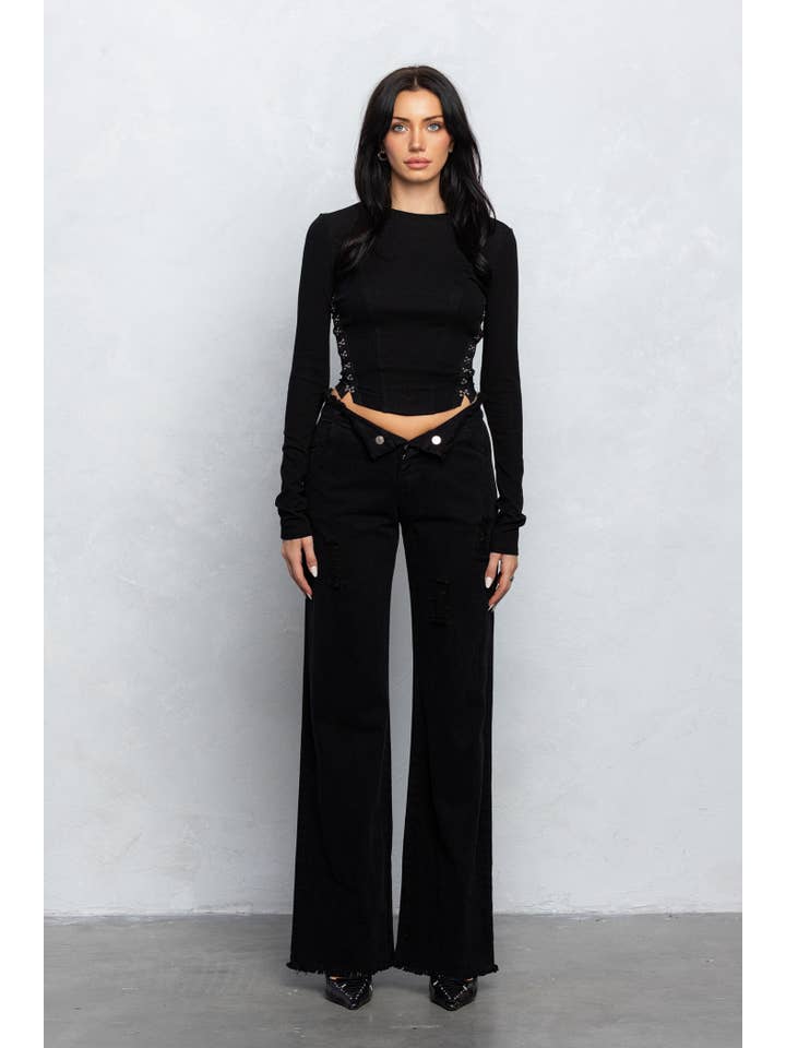 No Vacancy - Wholesale Knit Top - Women's - Fine ribbed hook & eye detail long sleeve top