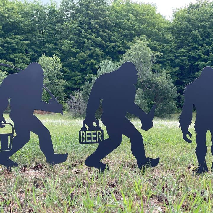 Mini Metal Bigfoot-Sasquatch-Yeti Lawn Ornament Yard Sign with Ground Stakes for wholesale by Rebel Metal Gifts & Decor