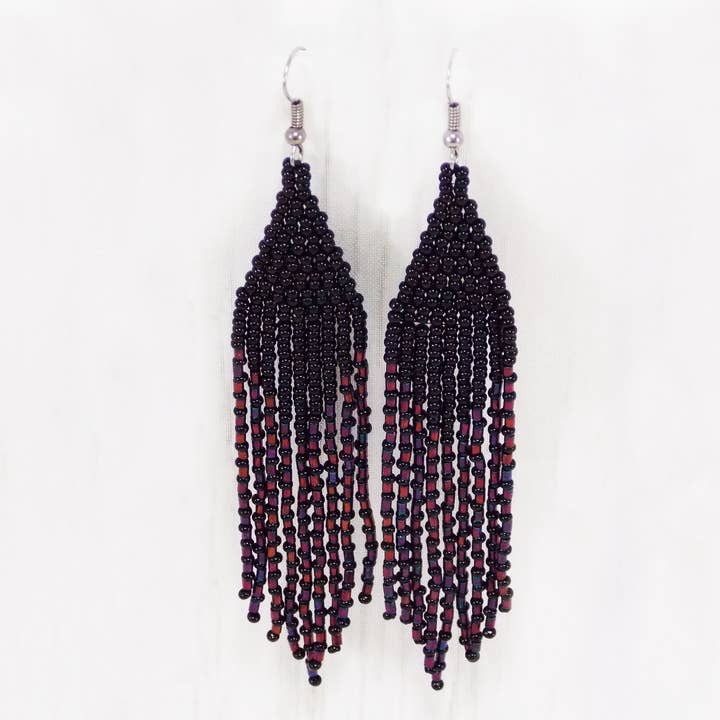 Iridescent Tassel Black Beaded Earrings Everyday Black Shiny Tassel Earring Multi Strand Metallic Shiny Stud Large Gothic Earring Halloween for wholesale by Ninolia