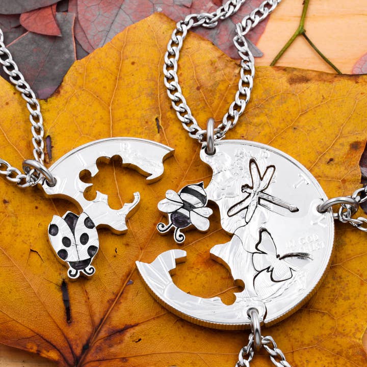 4 Piece Bug Necklaces, Ladybug, Bee, Dragonfly, Butterfly, Engraved Insects for wholesale by NameCoins