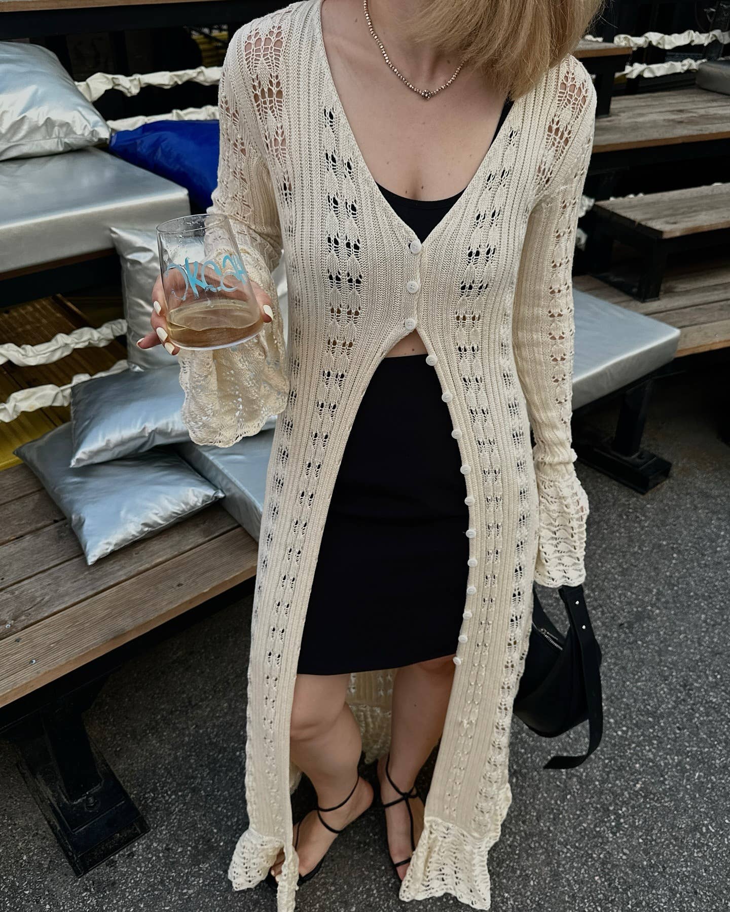 Rosa Clothing - Wholesale Cardigan - Women's - Y2K Hollow Bell Sleeves Crochet Maxi Cardigan6