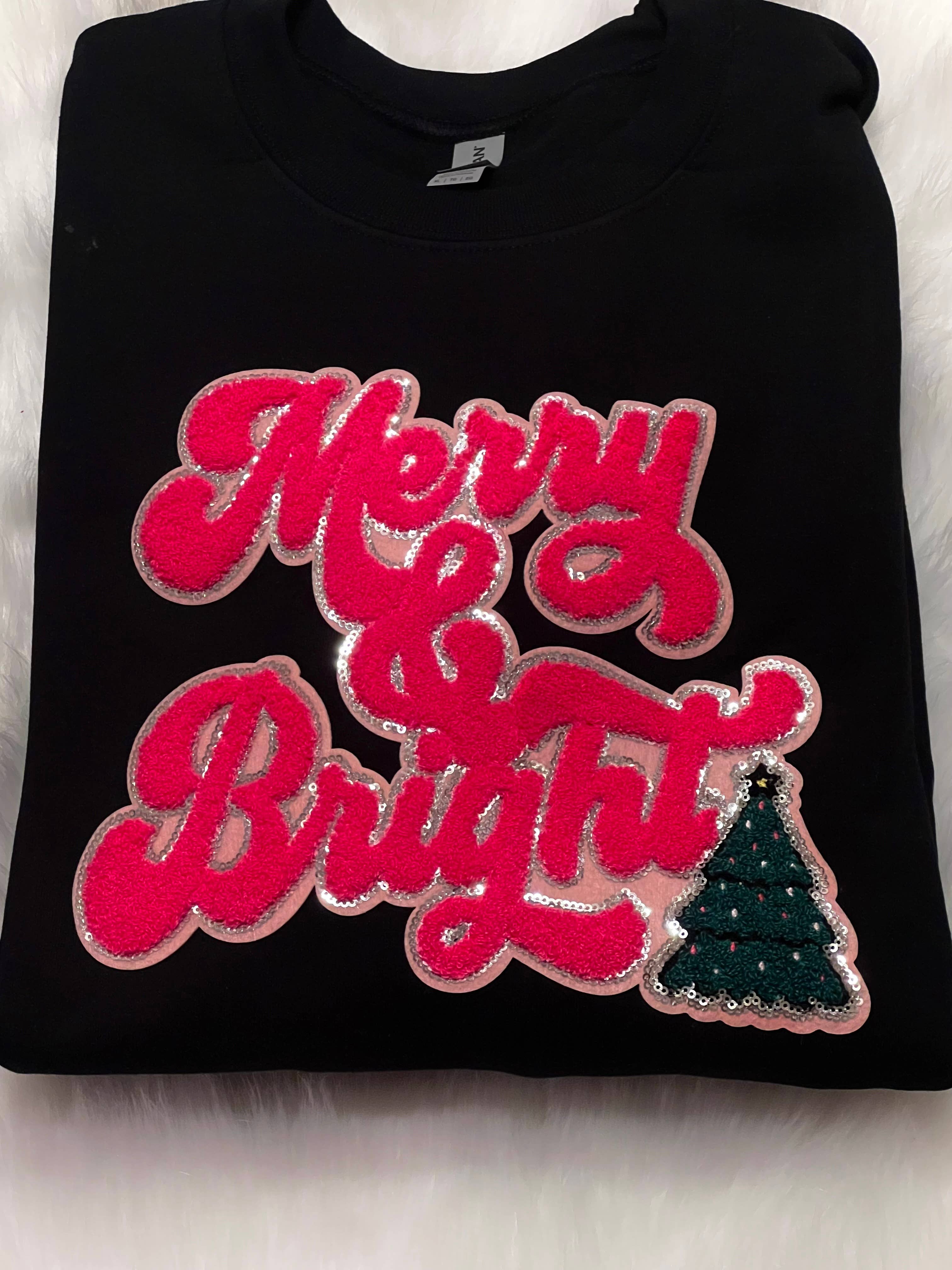 Southern Comfort Boutique – Sweatshirt - Mulher por atacado – Moletom com Patch de Chenille Merry and Bright | Camiseta de Natal0