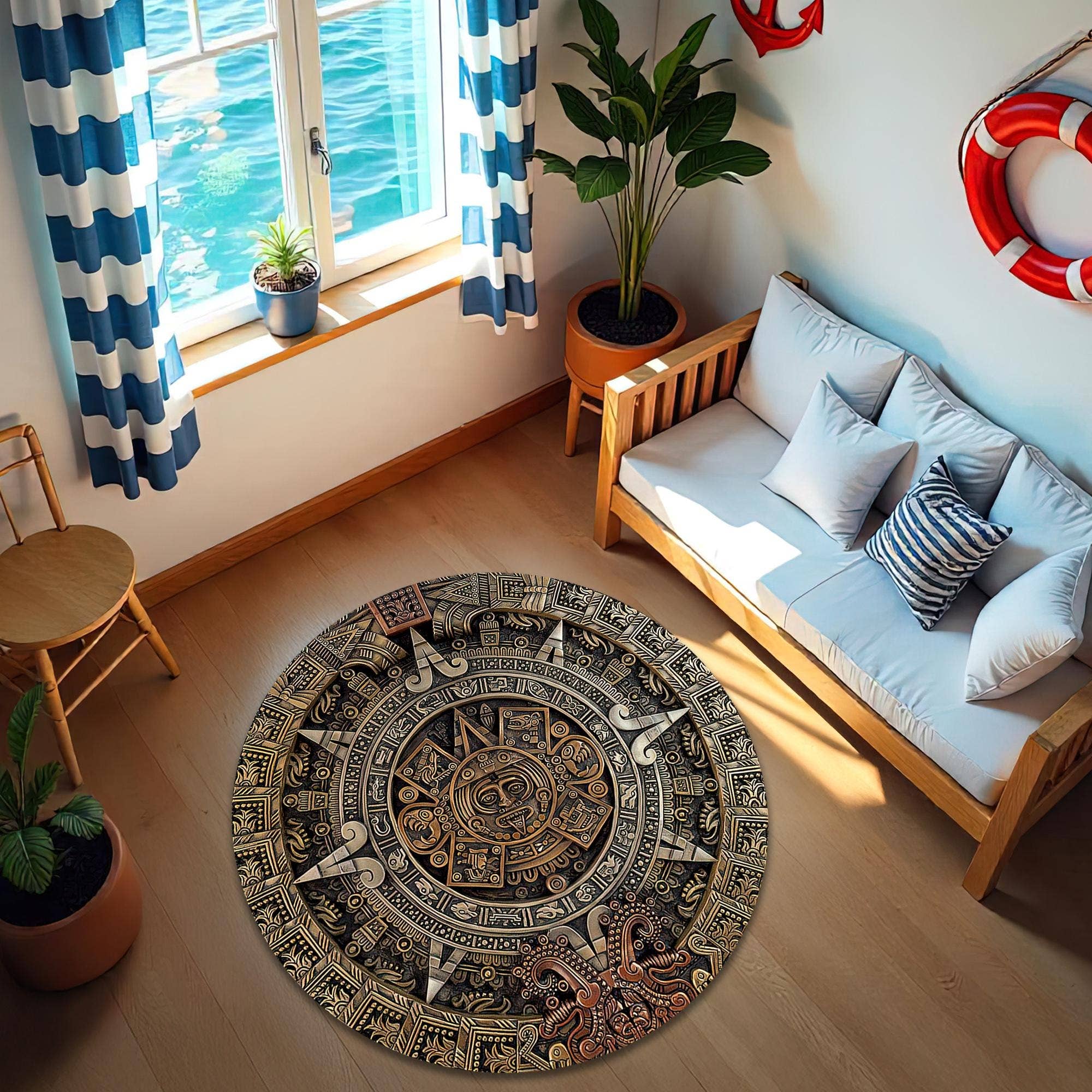 Rugendary Trade LLC - Wholesale Vloerkleed - Maya Kalender Ronde Vloerkleed: Tribale Azteekse Decoratie0