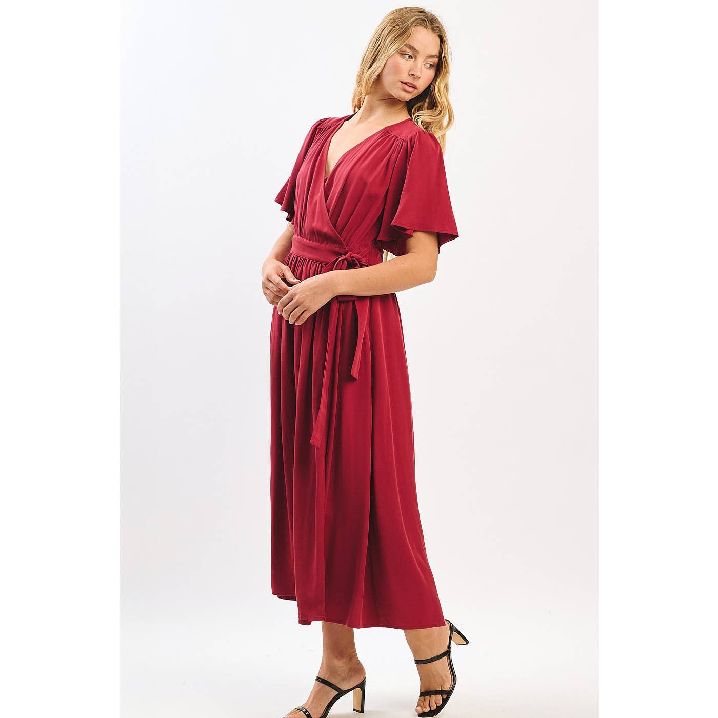 mittoshop - Wholesale Dress - Women's - FLUTTER SLEEVE WAIST TIE WRAP MIDI DRESS9