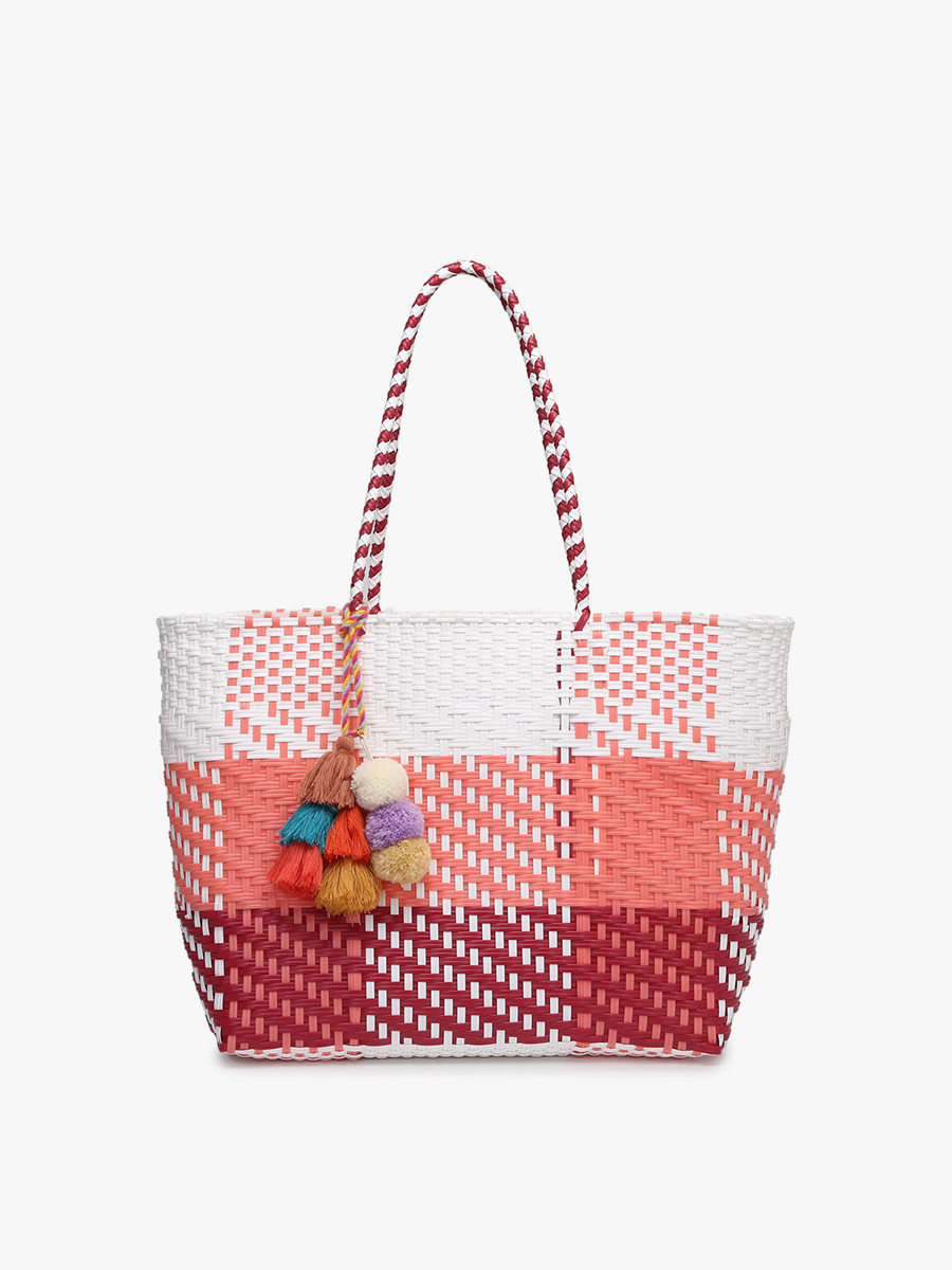 Jen & Co. - Wholesale Tote Bag - Women's - M2067 Sylvia Med Handwoven Tote w/ Pom-Poms1