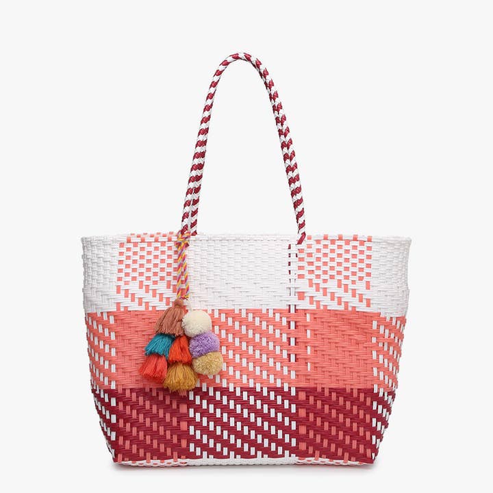 Jen & Co. - Wholesale Tote Bag - Women's - M2067 Sylvia Med Handwoven Tote w/ Pom-Poms2