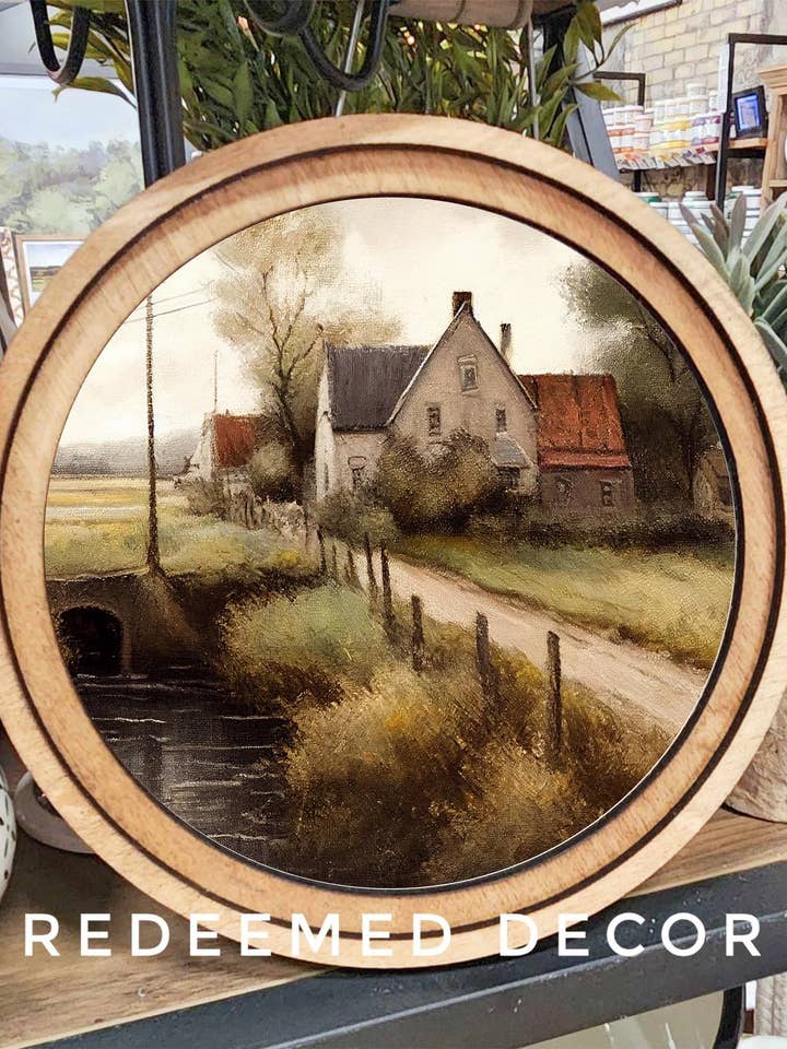 8" Round Dirt Lane Farmhouse Art for wholesale by Redeemed Decor