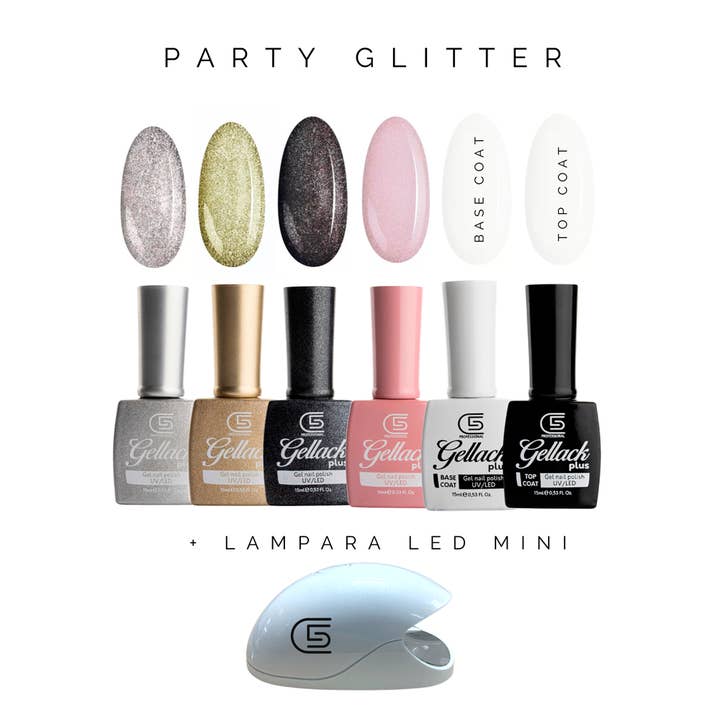 sesioMWorld - M·O·I Professional – wholesale Nail polish set – GELLACK PLUS PACK PARTY GLITTER 4 NAIL POLISHES+BASE+TOP+LAMP.
