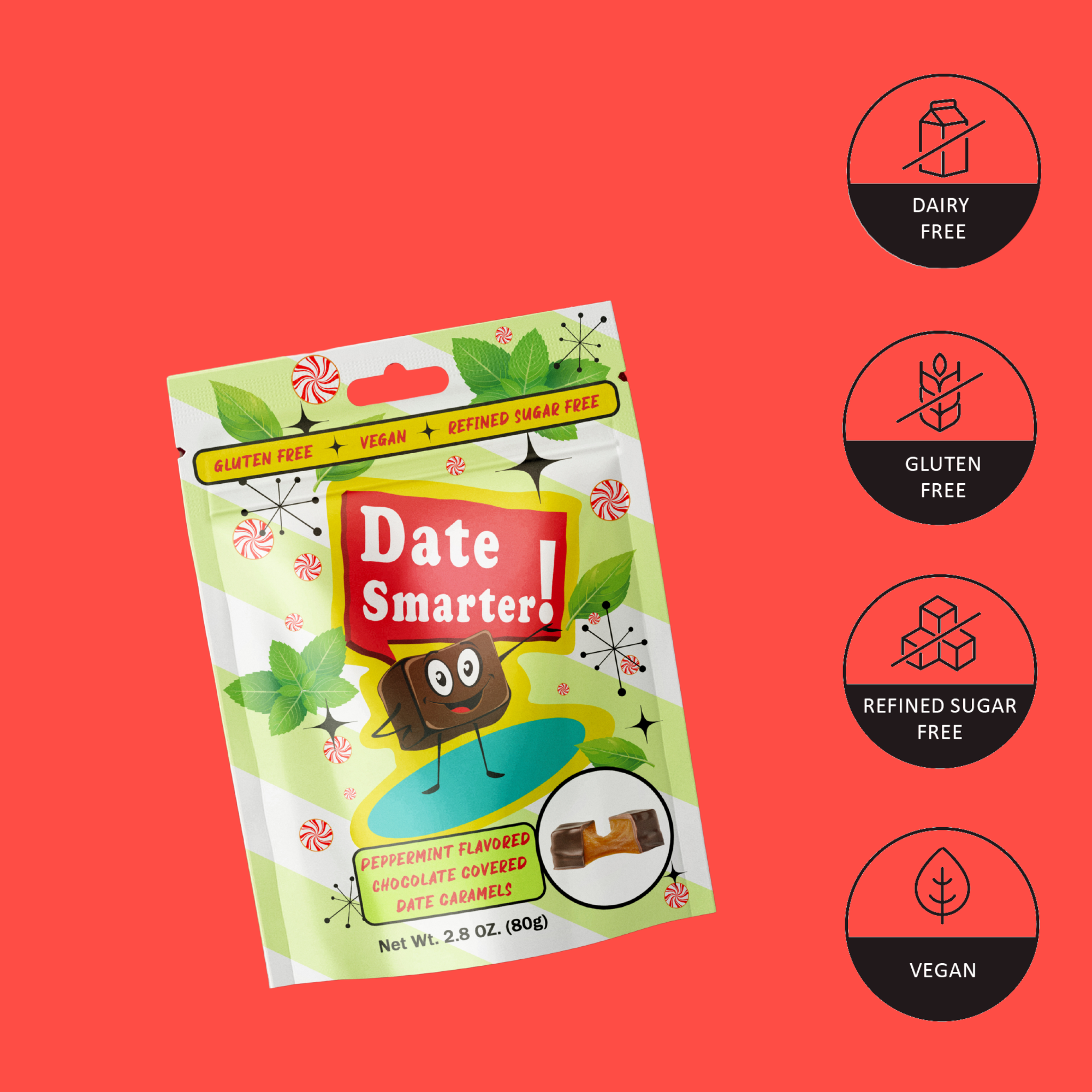 Date Smarter! - Wholesale Chocolate Covered Sweets - Peppermint Chocolate Covered Date Caramels - Case of 121