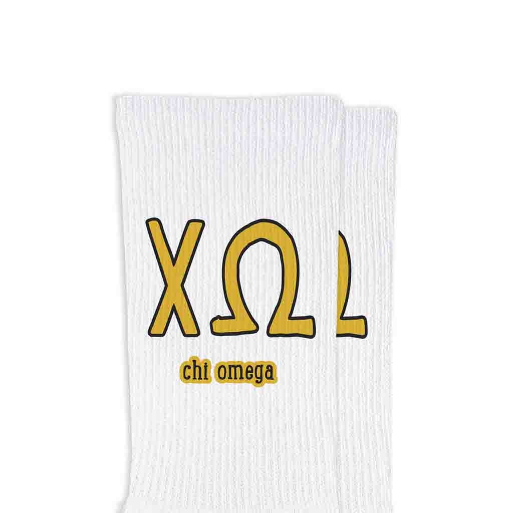 White Sorority Crew Socks with Name and Letters in Sorority Colors for wholesale on Faire7