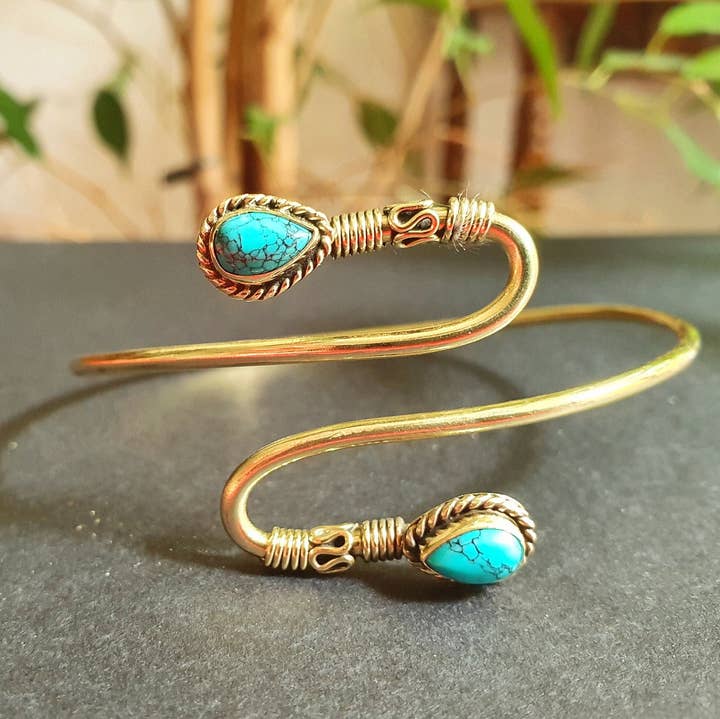 Kaali Boutique – wholesale Bangle bracelet – Spiral Boho Bracelet / Bangle / Turquoise / Brass / Arm Bracelet / Ethnic / Rustic / Bohemian / Hippie / Gypsy / Psy / Birthstone0