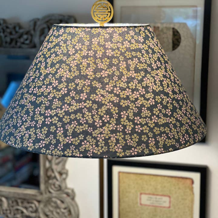 Olive and Limpet - Wholesale Lamp Shade - Large Conical Lampshade. Japanese Cherry Blossom Motif, Light Teal, Gold, and Pale Pink.
