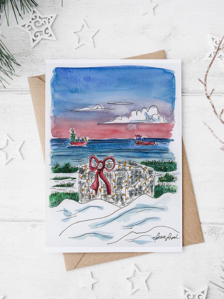 "A Lobsterman's Christmas on Cape Cod" Holiday Card for wholesale by Irene Lynch Art