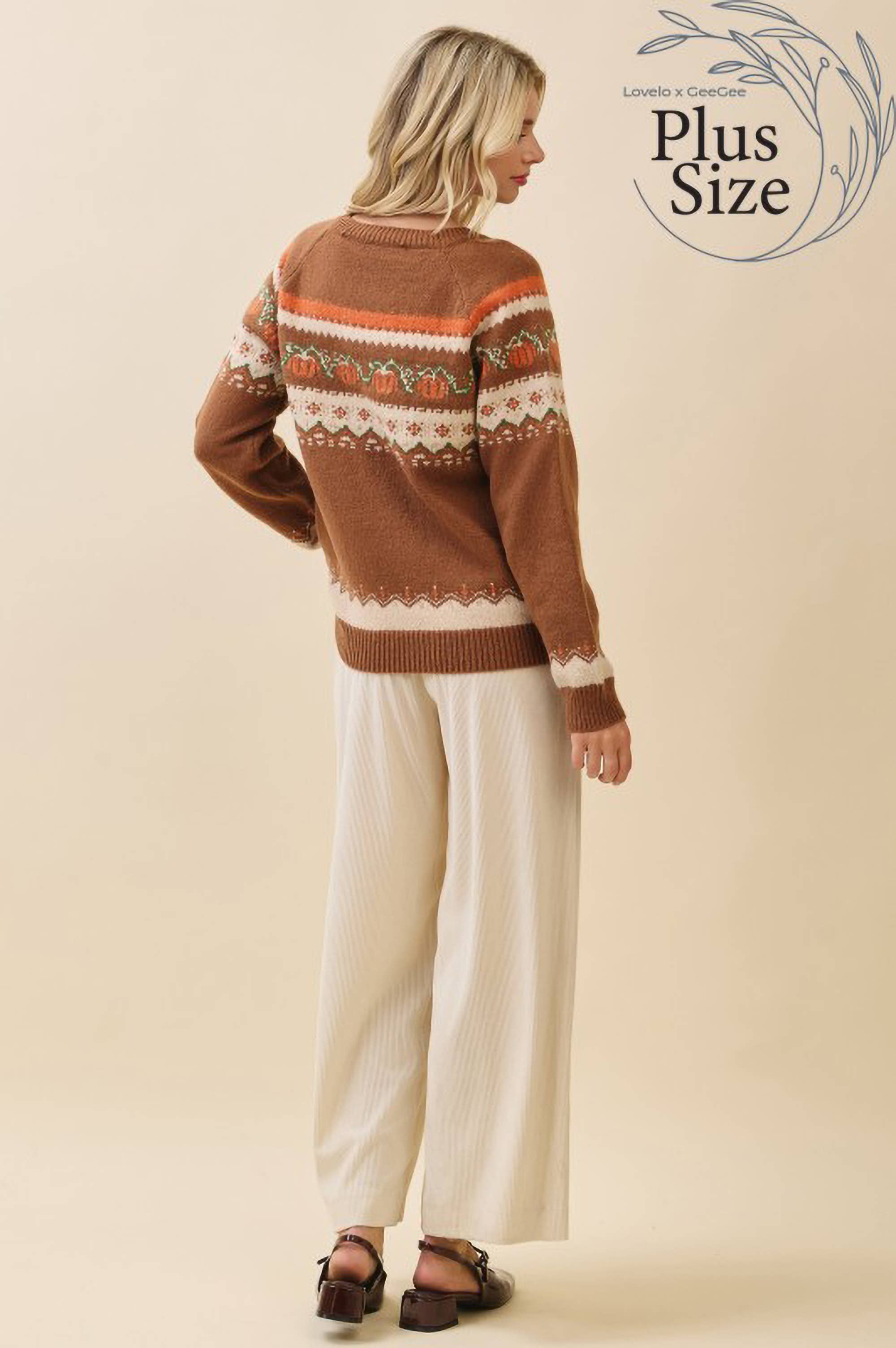 Brown Multi Plus Autumn Pumpkin Knit Sweater OT52161PL for wholesale on Faire6