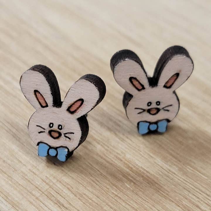 Wood Boy Bunny Wearing Bow Stud Earrings for wholesale by Morgan's Corner