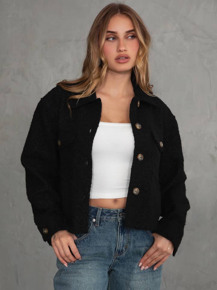 FRAY Smooth Fuzzy Faux Sherpa Cropped Shacket Collar Detail for wholesale by TICTOC