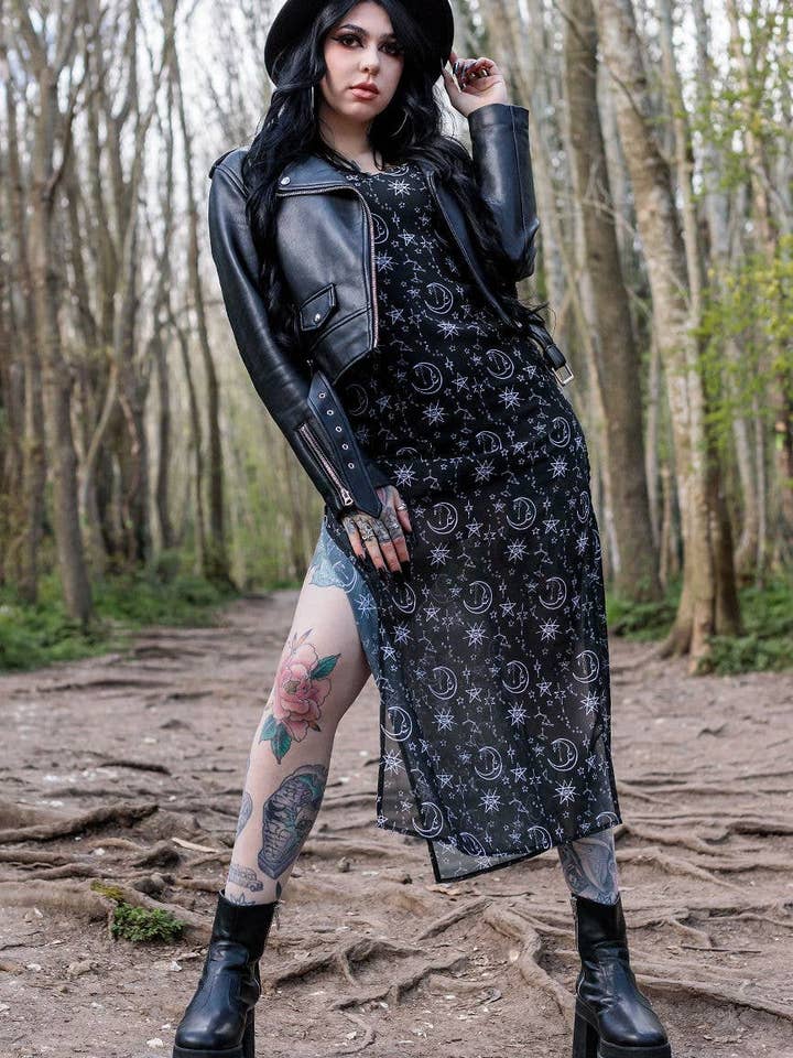 Timeless London - Wholesale Dress - Women's - Alternative Moonprint Maxi Dress With Straps And Leg Split3