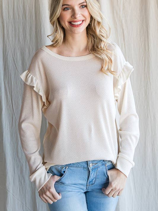 RUFFLE SLEEVE OPEN BACK DETAIL WAFFLE KNIT TOP for wholesale by Pink Irene Wholesale