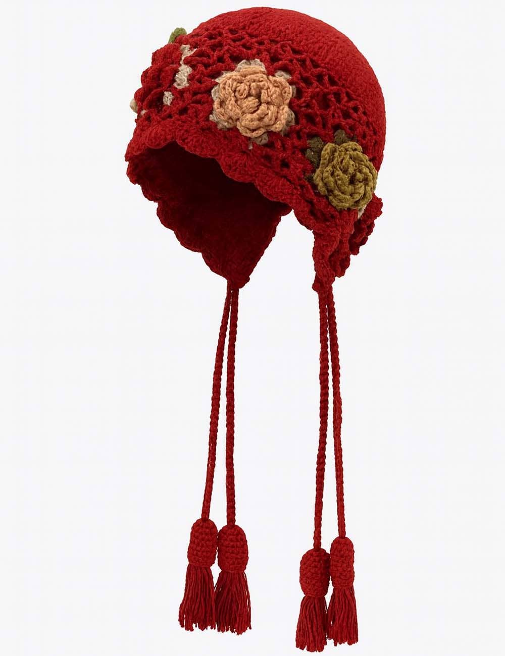 Sweetkama - Wholesale Beanie - Women's - Ladies 3D Floral Crochet Knit Hollow Out Tassel Hat2