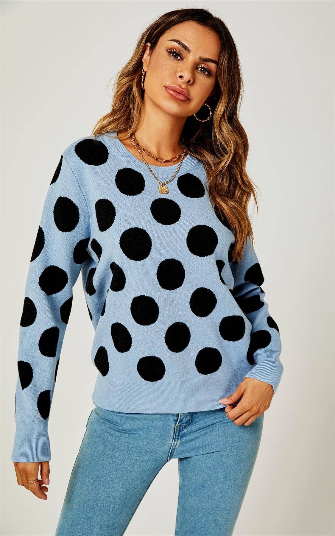 Azul Camisola Comfy Malha Preto Polka Dot Top Em Azul para venda a revendedores na Faire1
