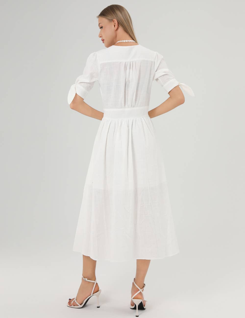 Blanco Vestido midi casual de lino de manga corta con lazo SKD152 de venta al por mayor en Faire7