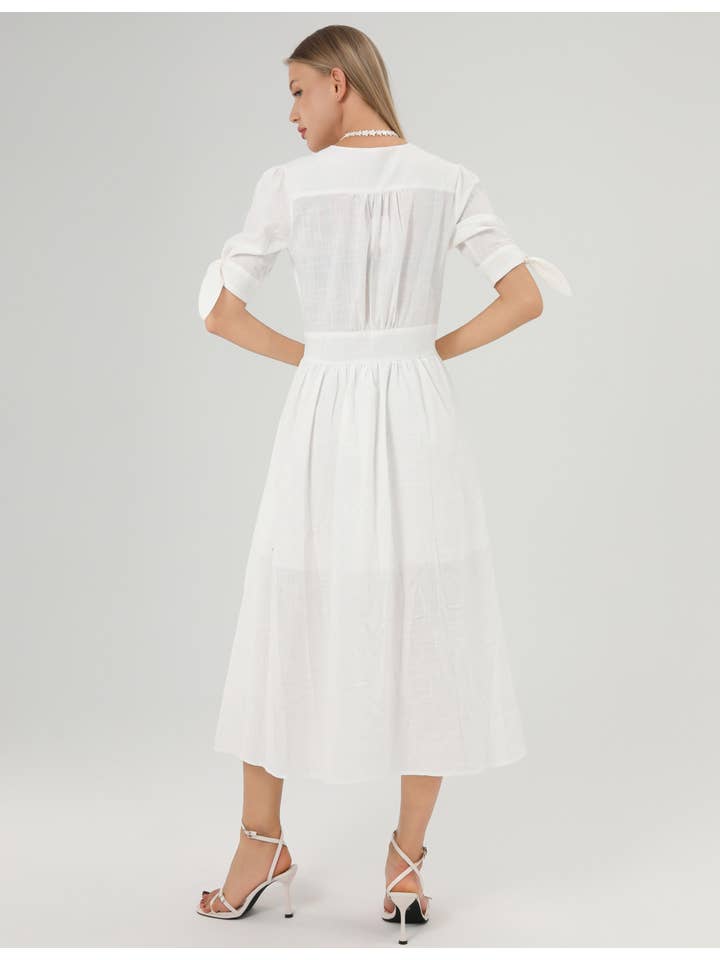 Blanco Vestido midi casual de lino de manga corta con lazo SKD152 de venta al por mayor en Faire7