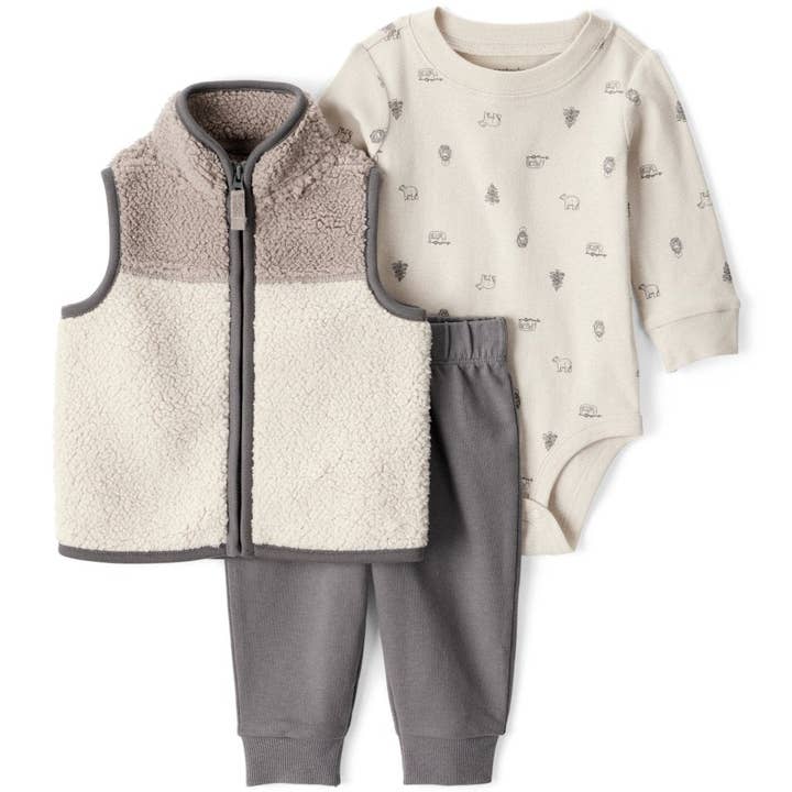3-piece set: sherpa vest, bodysuit, and neutral pants for wholesale by Nenina & Co