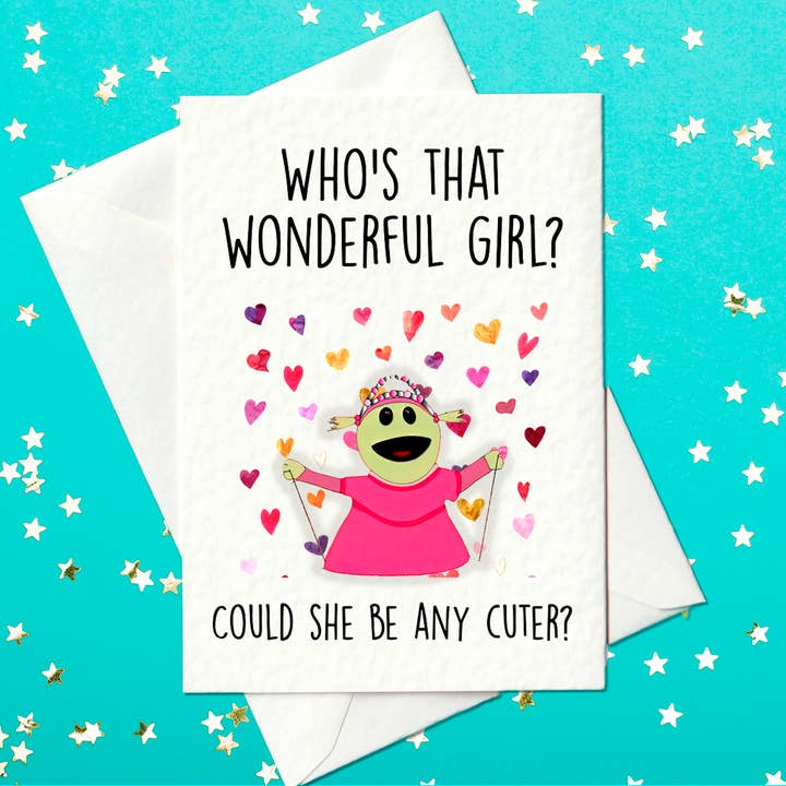 Adorabile biglietto di auguri Mona - Simpatico e giocoso biglietto di compleanno a tema Nanalan per ragazze «Who's that wonderful girl? Potrebbe essere più carina?» (A6) per la vendita all'ingrosso da parte di Prickly Cards