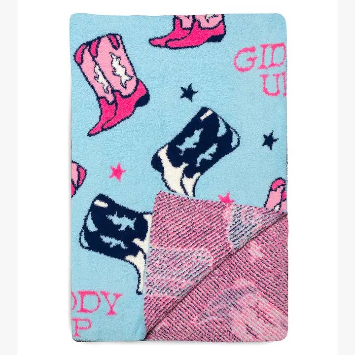 Living Royal - Wholesale Bedding Blanket - Throw Blanket - Cowgirl Boots - "Giddy Up" - Blue & Pink
