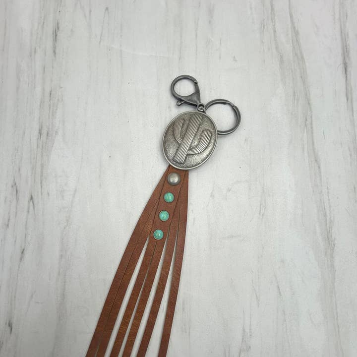 NKY250121-63 Silver metal cactus with brown leather Key chain for wholesale by Western Elite Jewelry