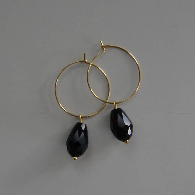 Jewelry By Elina Dahl - Wholesale Dangle Earrings - Earring Hoop Drop, large drop of black glass.1