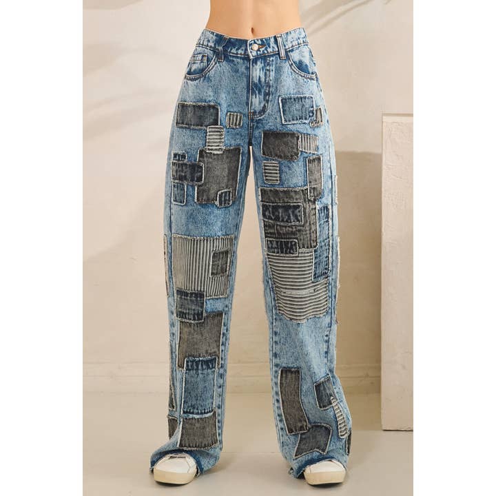 DENIM MULTI SQUARE PATCHES STRAIGHT JEANS for wholesale on Faire