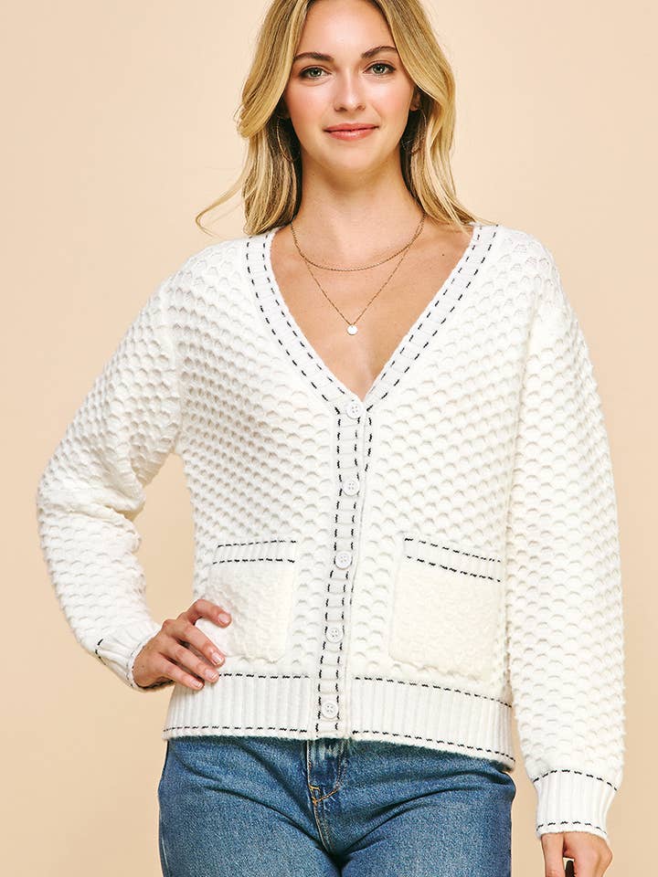 CONTRAST STITCH DETAIL SWEATER CARDIGAN - 5759W for wholesale by PINCH