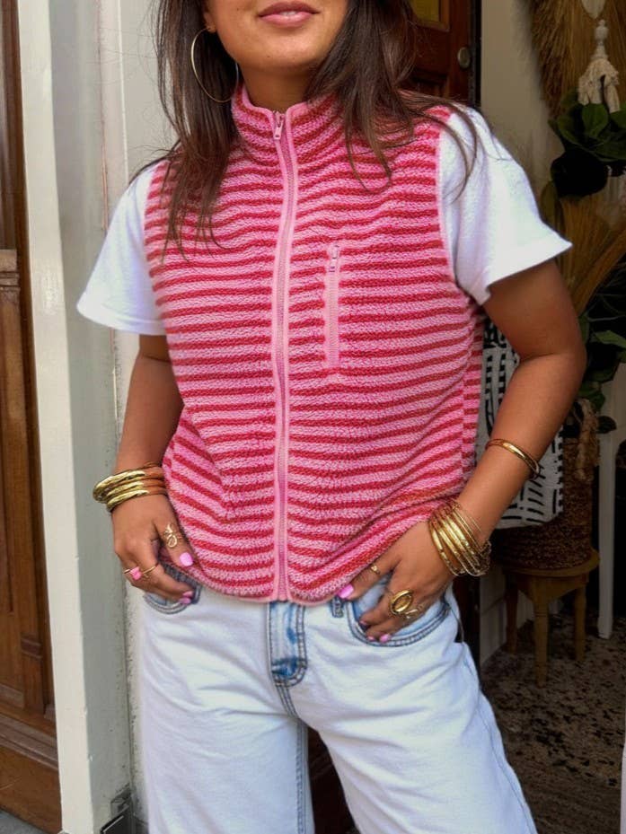 Slouchy Mock neck zip-up Sherpa cardigan vest in Stripe for wholesale by Rosa Clothing