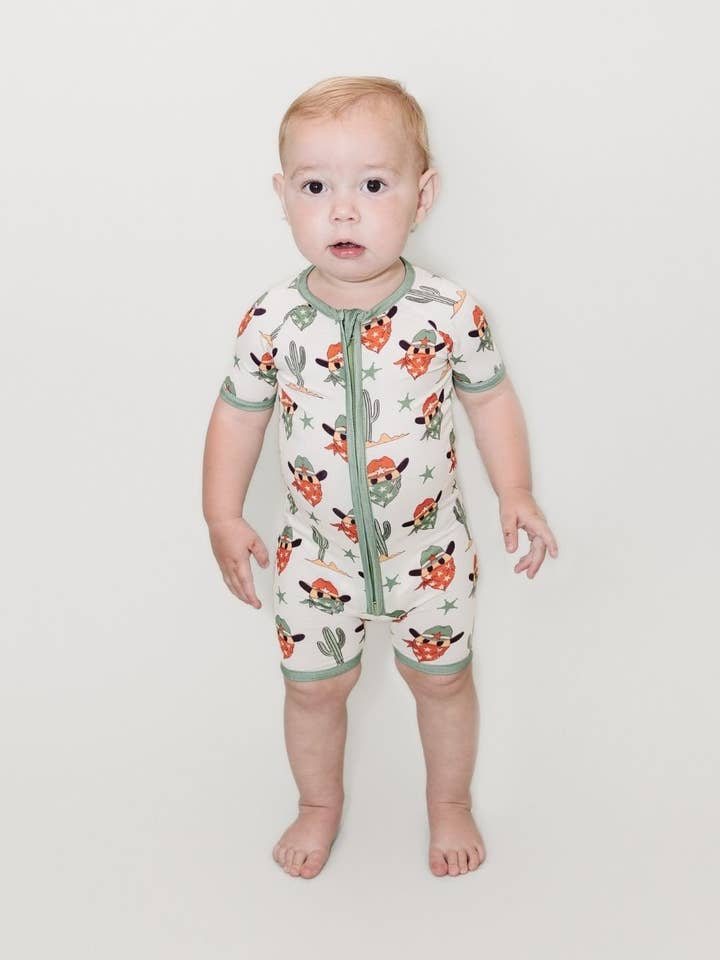 Grassy Creek Designs - Wholesale Jumpsuit - Baby - Bamboo Shorty Romper | Smiley Cowboy1